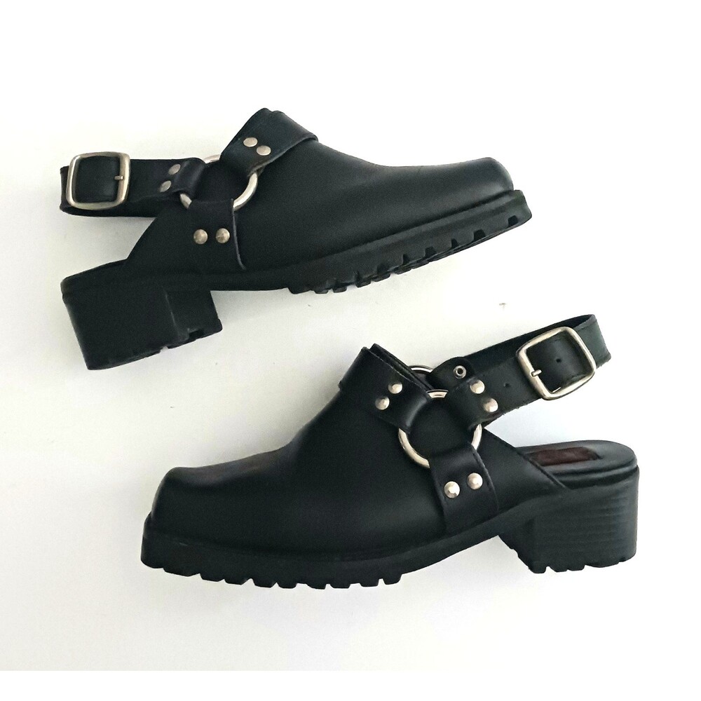 Dingo Blk Leather Biker Silver Harness Slingback Mule Square Toe Lug Sole 7.5M